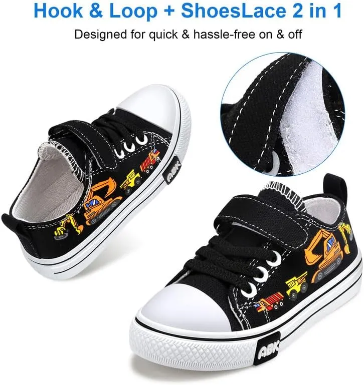Toddler Boys Girls Slip On Canvas Sneakers Cartoon Dinasour Printed Little Kid Unisex Adjustable Strap Walking Shoes Lazy Shoes with Hook and Loops