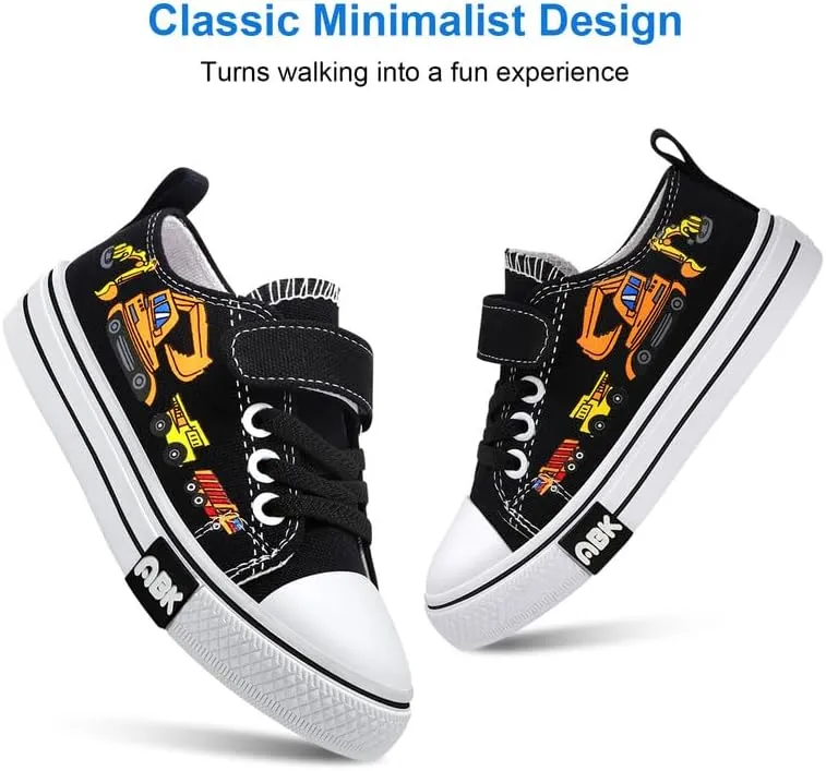 Toddler Boys Girls Slip On Canvas Sneakers Cartoon Dinasour Printed Little Kid Unisex Adjustable Strap Walking Shoes Lazy Shoes with Hook and Loops
