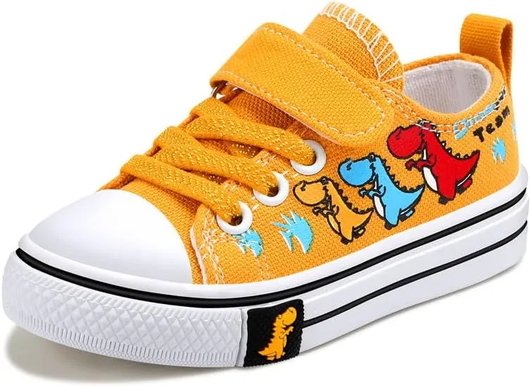 Toddler Boys Girls Slip On Canvas Sneakers Cartoon Dinasour Printed Little Kid Unisex Adjustable Strap Walking Shoes Lazy Shoes with Hook and Loops