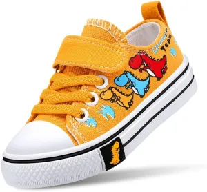 Toddler Boys Girls Slip On Canvas Sneakers Cartoon Dinasour Printed Little Kid Unisex Adjustable Strap Walking Shoes Lazy Shoes with Hook and Loops