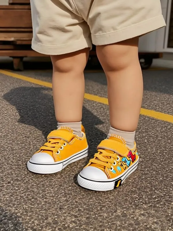Toddler Boys Girls Slip On Canvas Sneakers Cartoon Dinasour Printed Little Kid Unisex Adjustable Strap Walking Shoes Lazy Shoes with Hook and Loops