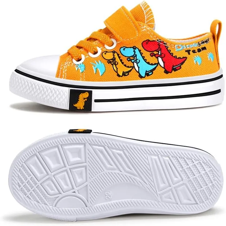 Toddler Boys Girls Slip On Canvas Sneakers Cartoon Dinasour Printed Little Kid Unisex Adjustable Strap Walking Shoes Lazy Shoes with Hook and Loops