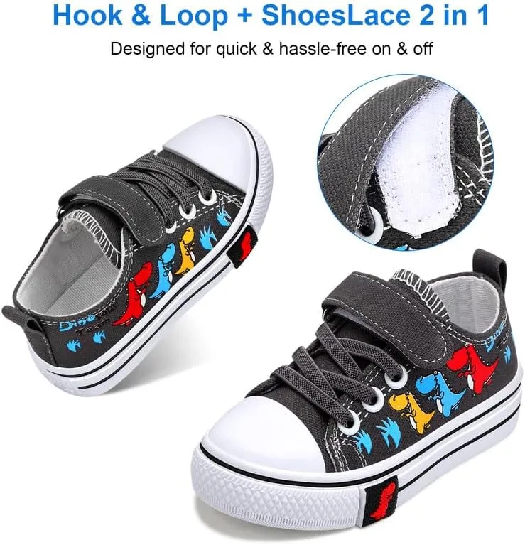 Toddler Boys Girls Slip On Canvas Sneakers Cartoon Dinasour Printed Little Kid Unisex Adjustable Strap Walking Shoes Lazy Shoes with Hook and Loops