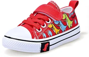 Toddler Boys Girls Slip On Canvas Sneakers Cartoon Dinasour Printed Little Kid Unisex Adjustable Strap Walking Shoes Lazy Shoes with Hook and Loops