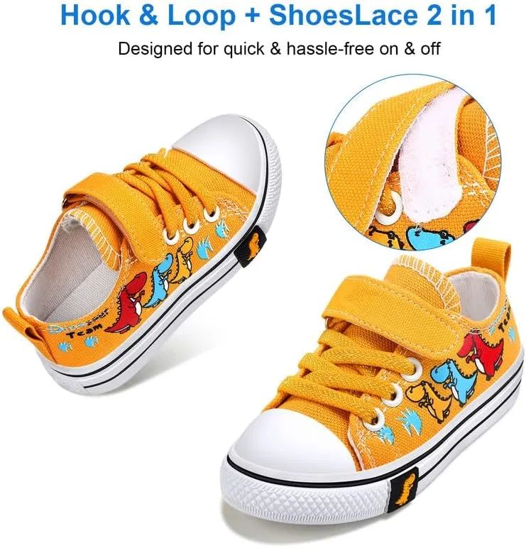 Toddler Boys Girls Slip On Canvas Sneakers Cartoon Dinasour Printed Little Kid Unisex Adjustable Strap Walking Shoes Lazy Shoes with Hook and Loops
