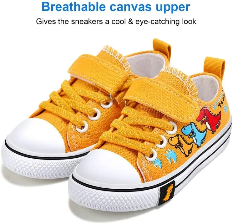 Toddler Boys Girls Slip On Canvas Sneakers Cartoon Dinasour Printed Little Kid Unisex Adjustable Strap Walking Shoes Lazy Shoes with Hook and Loops