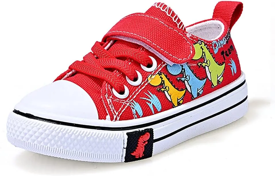 Toddler Boys Girls Slip On Canvas Sneakers Cartoon Dinasour Printed Little Kid Unisex Adjustable Strap Walking Shoes Lazy Shoes with Hook and Loops