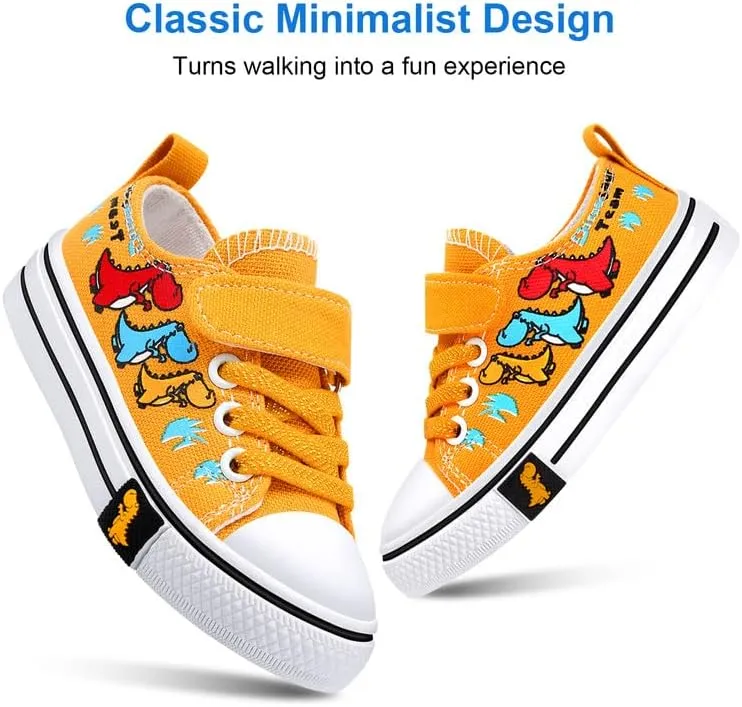 Toddler Boys Girls Slip On Canvas Sneakers Cartoon Dinasour Printed Little Kid Unisex Adjustable Strap Walking Shoes Lazy Shoes with Hook and Loops
