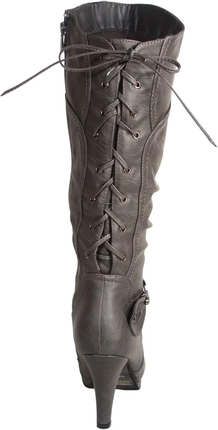 TOP Moda Womens Page-65 Knee High Round Toe Lace-Up Slouched High Heel Boots