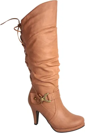 TOP Moda Womens Page-65 Knee High Round Toe Lace-Up Slouched High Heel Boots