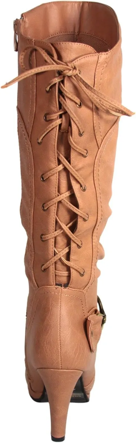 TOP Moda Womens Page-65 Knee High Round Toe Lace-Up Slouched High Heel Boots