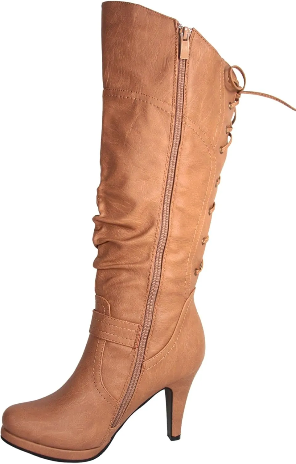 TOP Moda Womens Page-65 Knee High Round Toe Lace-Up Slouched High Heel Boots