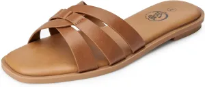 Trary Women's Flat Sandals Open Square Toe Slip on Slippers Casual Dressy Comfortable Soft Leather Summer Fashion Slide Sandals for Women Vacation Beach Party
