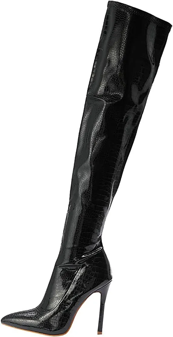 Trendenzy Womens Thigh High Pointed Toe Boots Over Knee High Heel Stiletto Boots