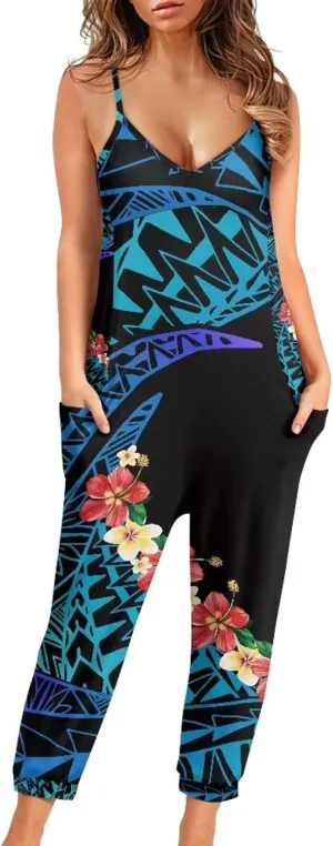 Tropical Jumpsuits for Women Hawaiian Flamingos Strap V with Pockets Jumpsuit