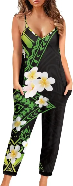 Tropical Jumpsuits for Women Hawaiian Flamingos Strap V with Pockets Jumpsuit