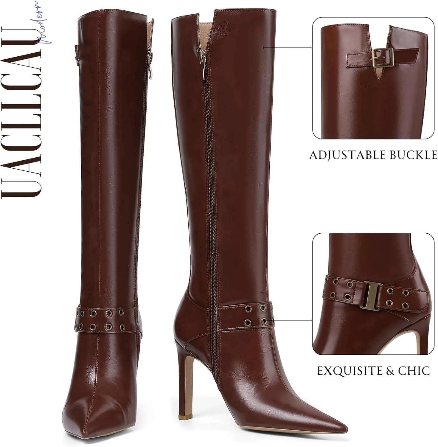 Uacllcau Knee High Boots Women Pointed Toe Tall Boots Sexy Stiletto High Heels Long Boots Fashion Trendy Buckle Dress Boots Slouch Zipper Heeled Boots
