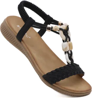 UIKGITP Bohemian Gemstones Summer Women Wedges Flat Sandals Slippers Beach Vintage Casual Flip Flops Elastic Ankle Strap T Strap Thong Strappy Comfortable Platform Slides Shoes