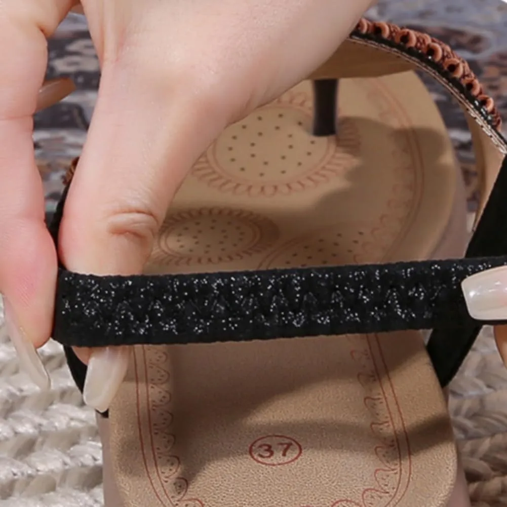 UIKGITP Women's Flat Sandals Summer Ankle Elastic Bling Jeweled Party Slippers Glitter Bohemian Rhinestone Beach Shoes