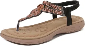 UIKGITP Women's Flat Sandals Summer Ankle Elastic Bling Jeweled Party Slippers Glitter Bohemian Rhinestone Beach Shoes