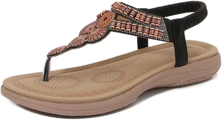UIKGITP Women's Flat Sandals Summer Ankle Elastic Bling Jeweled Party Slippers Glitter Bohemian Rhinestone Beach Shoes