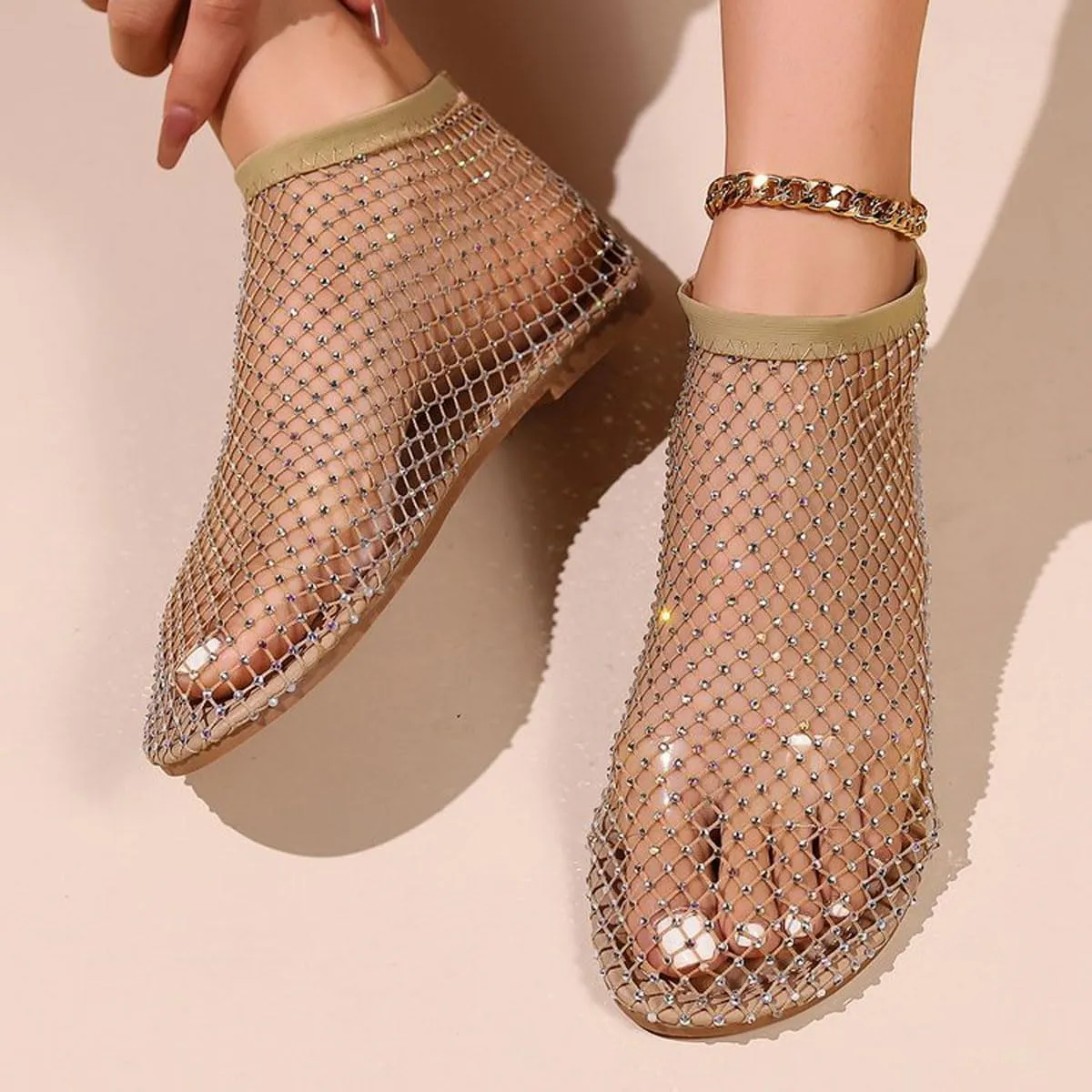 Ultra Comfortable Mesh Flats for Women Fishnet Sandals Low Heel Slip on Rhinestone Shoes