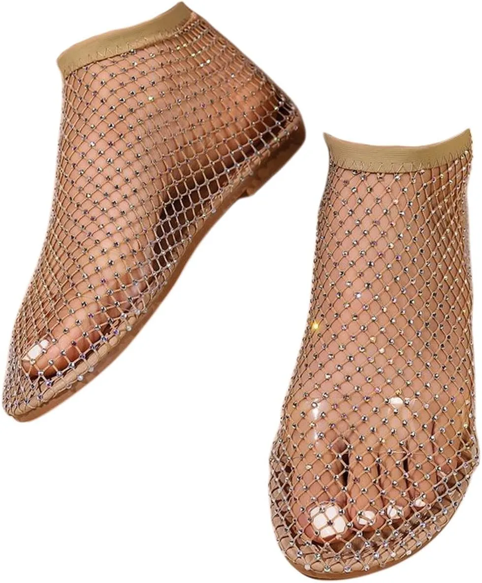 Ultra Comfortable Mesh Flats for Women Fishnet Sandals Low Heel Slip on Rhinestone Shoes