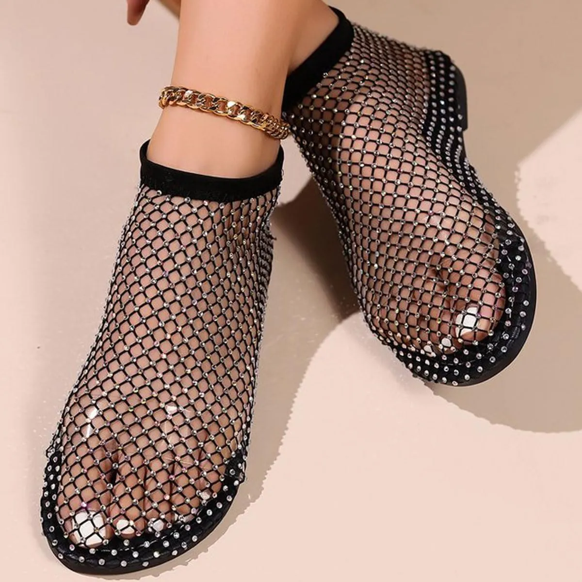 Ultra Comfortable Mesh Flats for Women Fishnet Sandals Low Heel Slip on Rhinestone Shoes