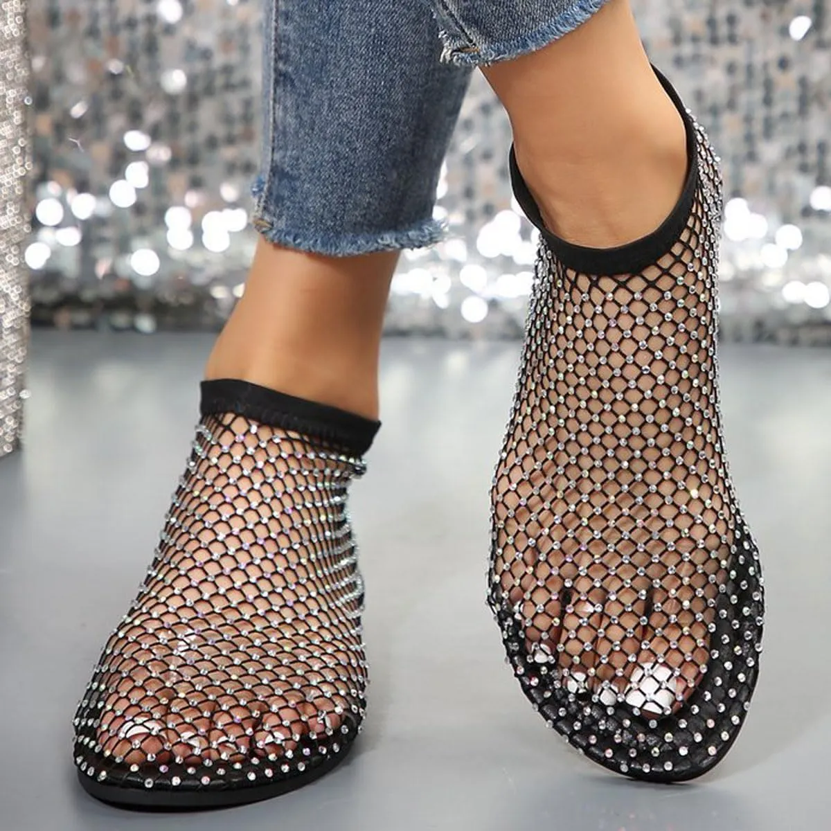 Ultra Comfortable Mesh Flats for Women Fishnet Sandals Low Heel Slip on Rhinestone Shoes