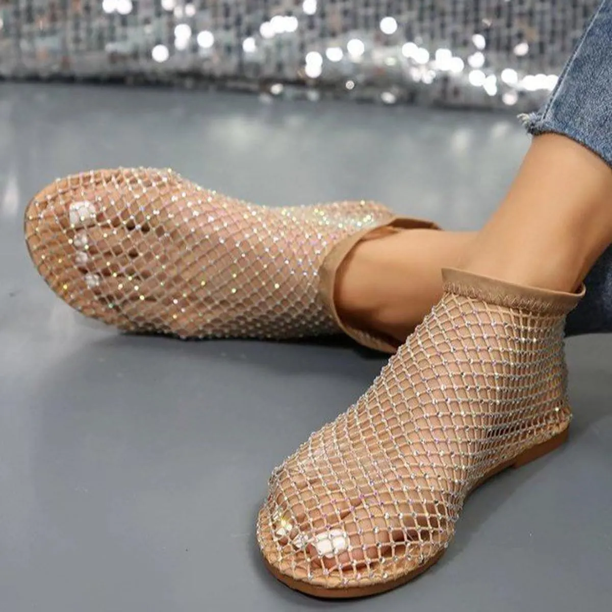 Ultra Comfortable Mesh Flats for Women Fishnet Sandals Low Heel Slip on Rhinestone Shoes