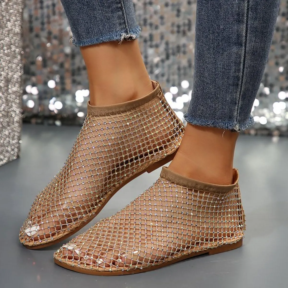Ultra Comfortable Mesh Flats for Women Fishnet Sandals Low Heel Slip on Rhinestone Shoes
