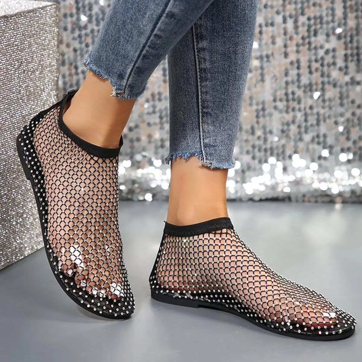 Ultra Comfortable Mesh Flats for Women Fishnet Sandals Low Heel Slip on Rhinestone Shoes