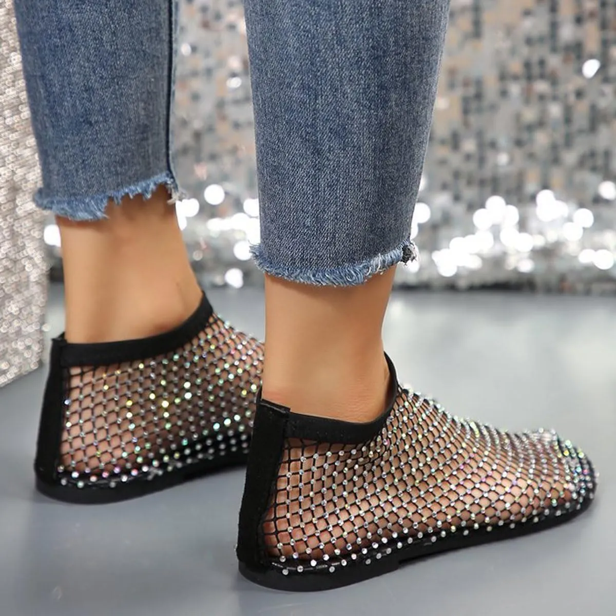 Ultra Comfortable Mesh Flats for Women Fishnet Sandals Low Heel Slip on Rhinestone Shoes