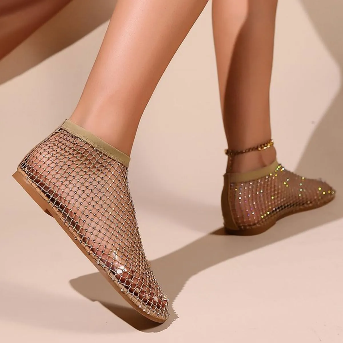 Ultra Comfortable Mesh Flats for Women Fishnet Sandals Low Heel Slip on Rhinestone Shoes