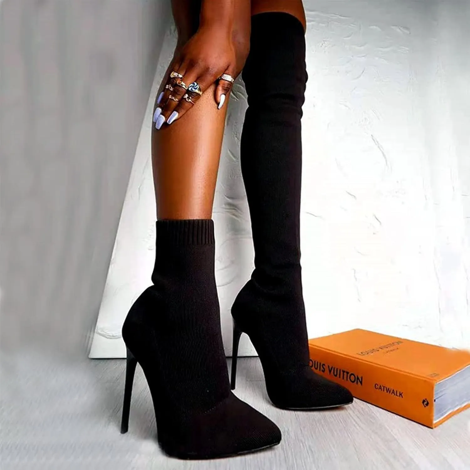UOQAPRE Women's Over The Knee Thigh High Heel Boots,Pointed -Toe Side Comfy Long Boots Platform High Heel Booties for Women