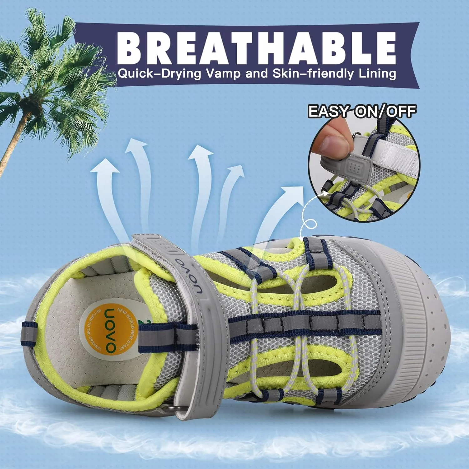 UOVO Boys Sandals Kids Sandals Hiking Athletic Closed-Toe Beach Summer Sandals for Boys Quick-Drying Slip Resistant