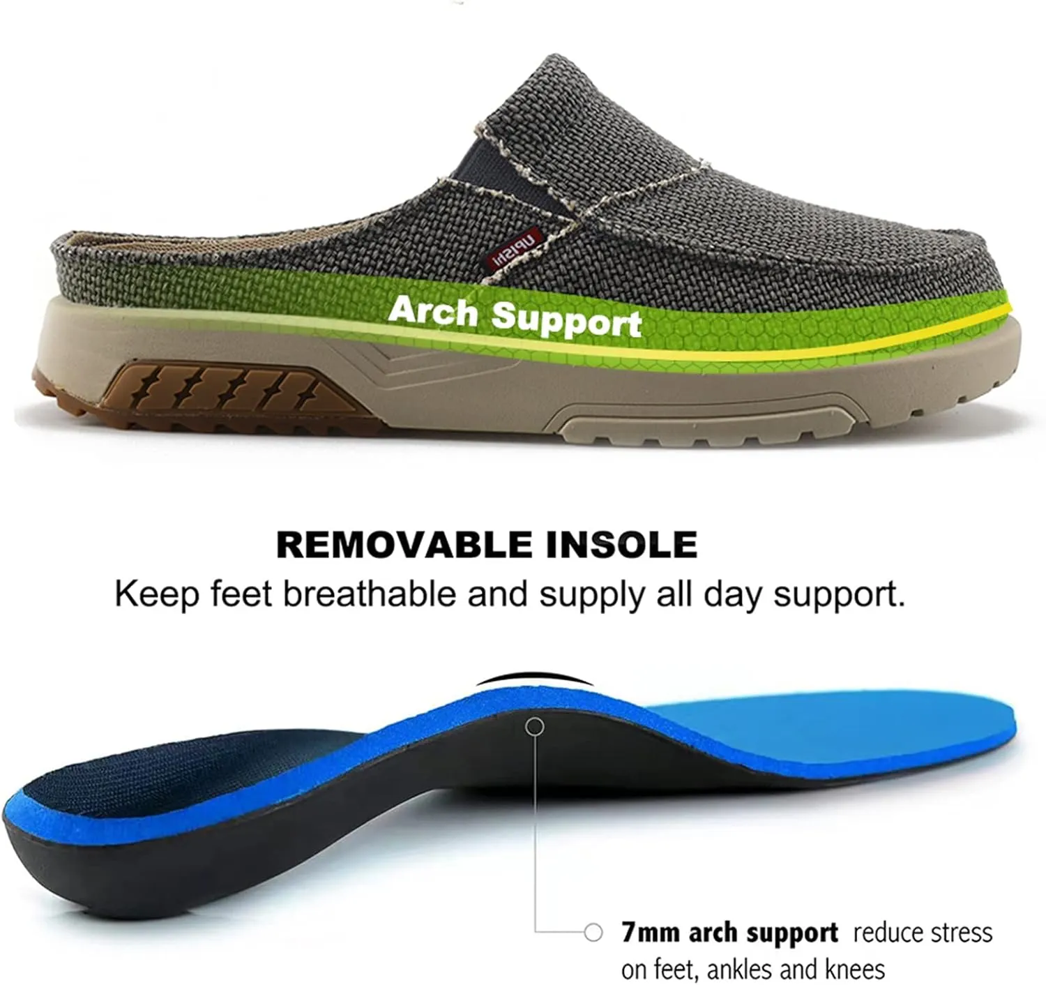UPIShi Men's Arch Support Orthopedic Plantar Fasciitis Relief Slippers Canvas House Indoor Outdoor Slip On Loafers Non-Slip Casual Shoes