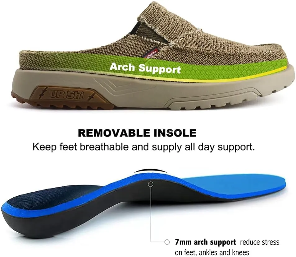 UPIShi Men's Arch Support Orthopedic Plantar Fasciitis Relief Slippers Canvas House Indoor Outdoor Slip On Loafers Non-Slip Casual Shoes