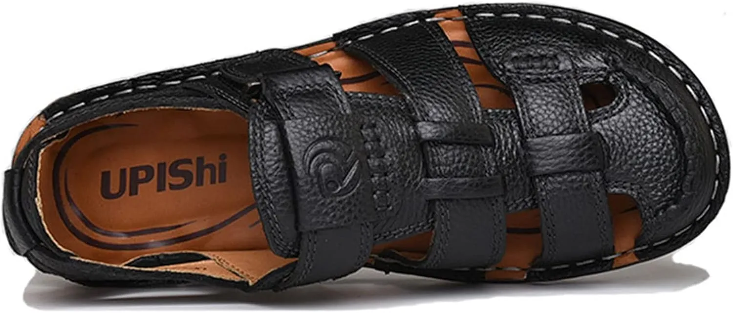 UPIShi Mens Casual Closed Toe Leather Sandals Outdoor Fisherman Adjustable Summer Shoes