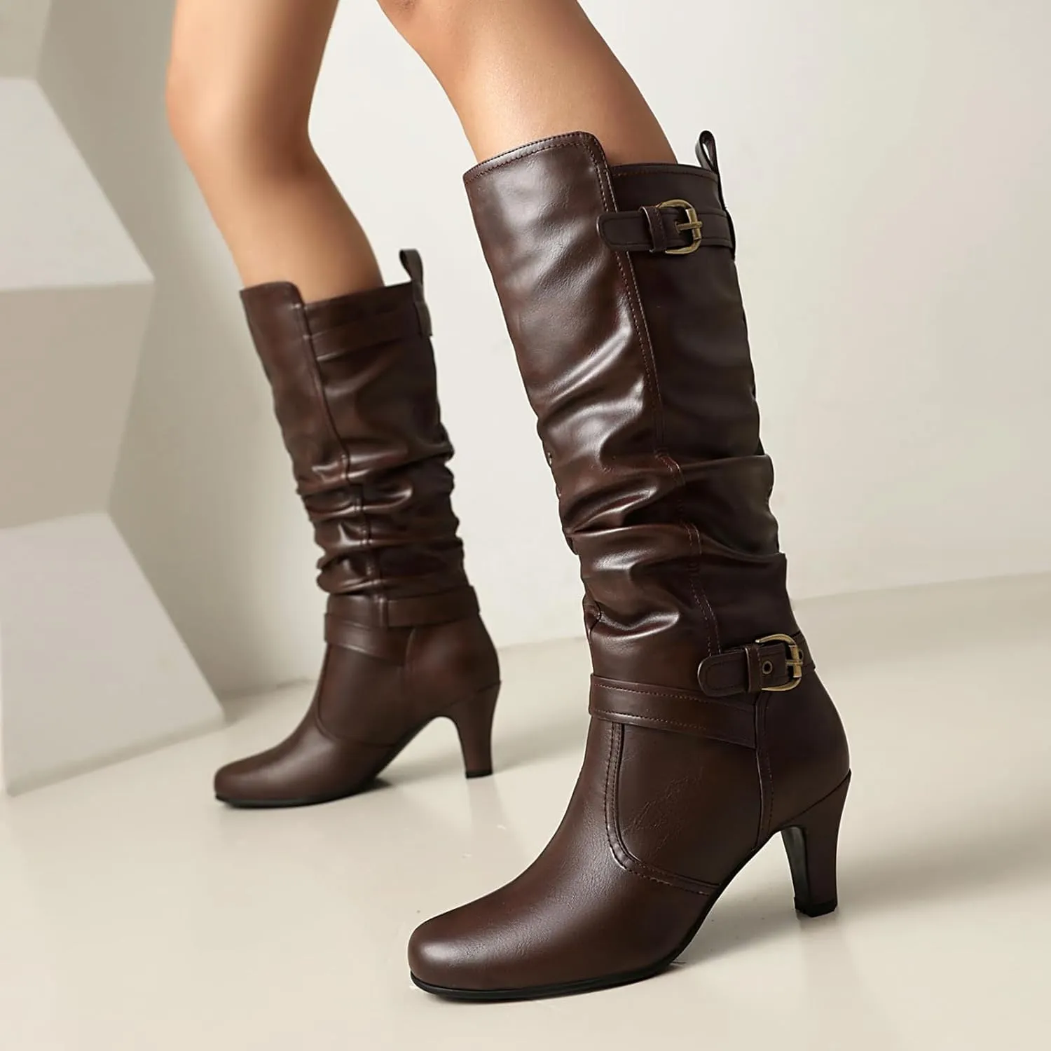 UTIKLIOU Women's Knee High Boots Slouchy Pull On Round Toe Wide Calf Boots Heeled Riding Boots Vintage Winter Shoes