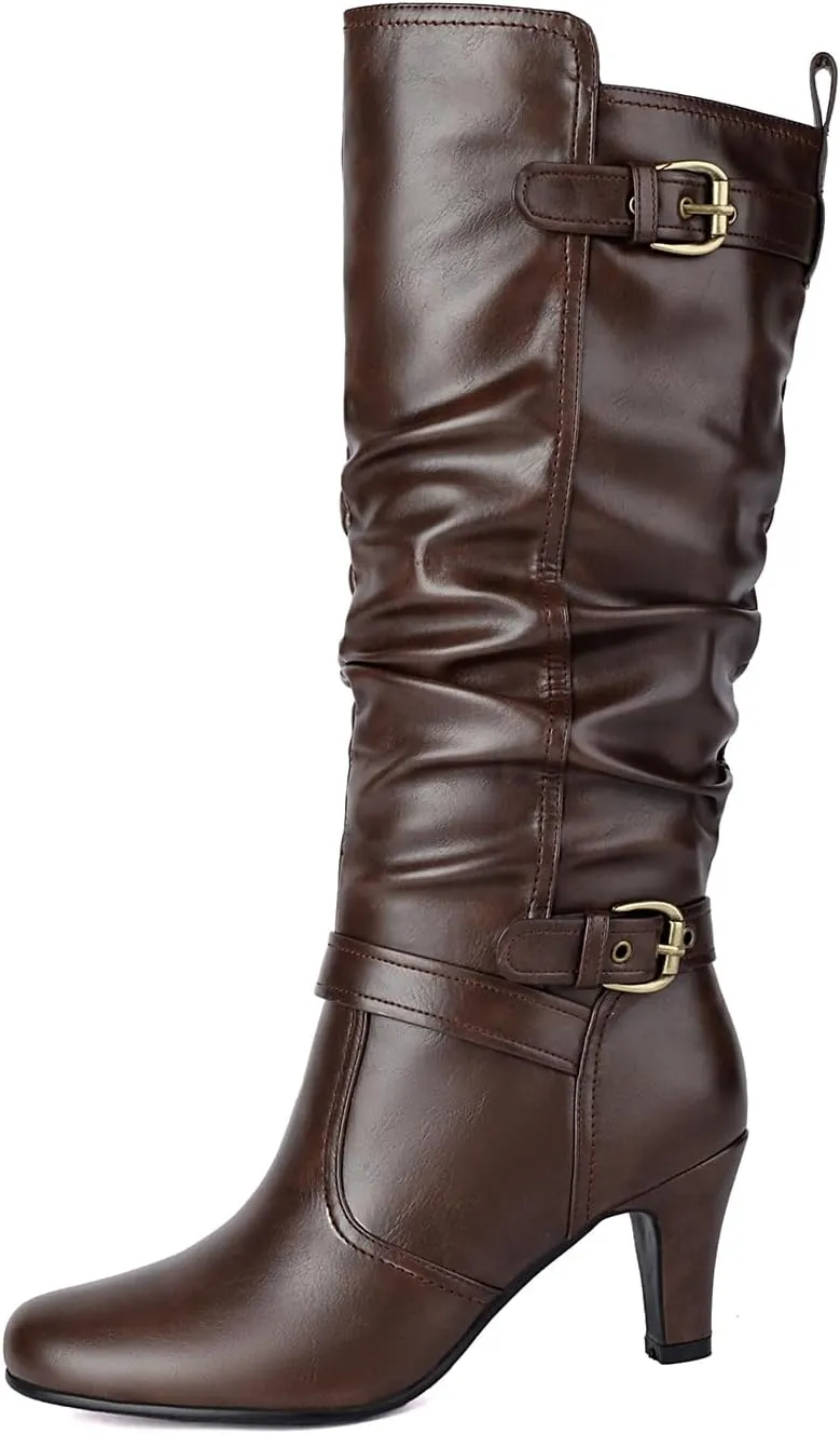 UTIKLIOU Women's Knee High Boots Slouchy Pull On Round Toe Wide Calf Boots Heeled Riding Boots Vintage Winter Shoes