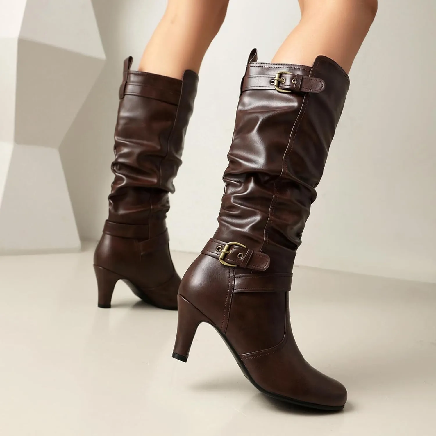 UTIKLIOU Women's Knee High Boots Slouchy Pull On Round Toe Wide Calf Boots Heeled Riding Boots Vintage Winter Shoes