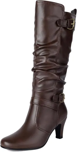 UTIKLIOU Women's Knee High Boots Slouchy Pull On Round Toe Wide Calf Boots Heeled Riding Boots Vintage Winter Shoes