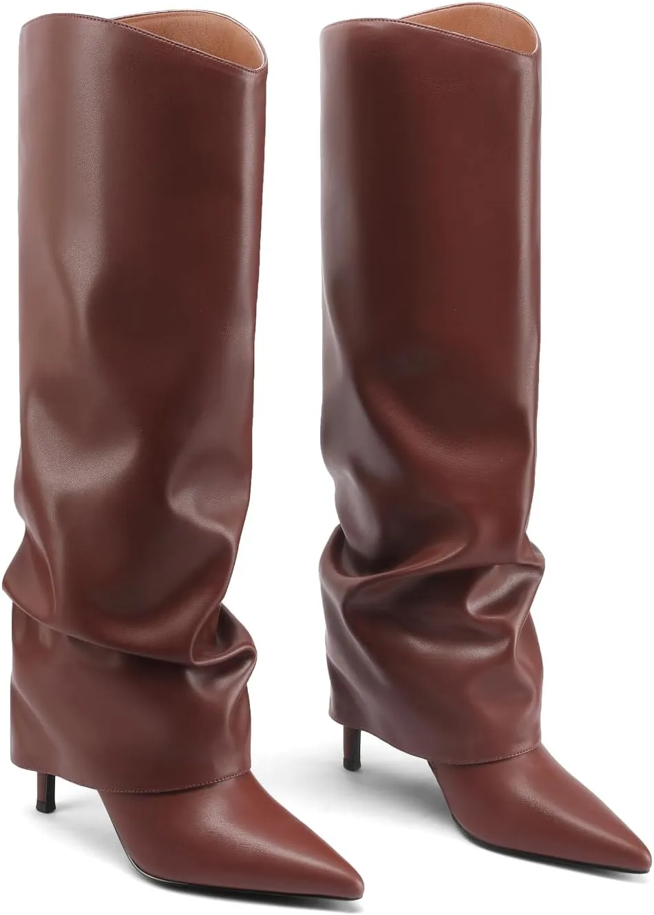 Vaslemuse Womens Fold Over Knee High Boots Stiletto High Heel Slouchy Tall Boots Pointed Toe Sexy Long Boots Fashion Dress Shoes with Side Zipper