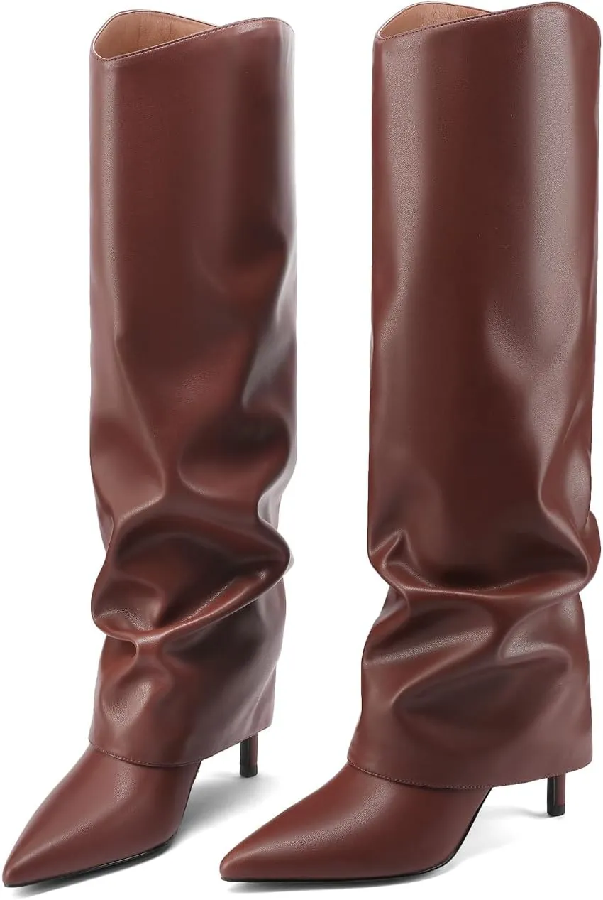Vaslemuse Womens Fold Over Knee High Boots Stiletto High Heel Slouchy Tall Boots Pointed Toe Sexy Long Boots Fashion Dress Shoes with Side Zipper