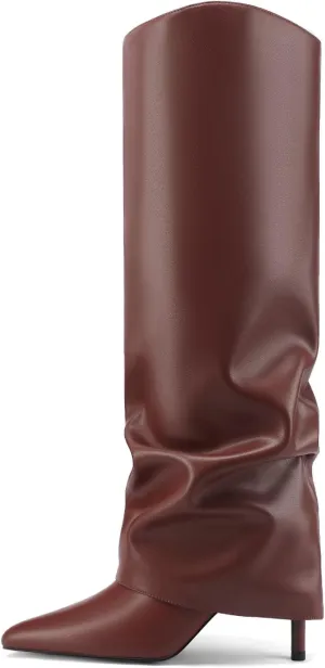 Vaslemuse Womens Fold Over Knee High Boots Stiletto High Heel Slouchy Tall Boots Pointed Toe Sexy Long Boots Fashion Dress Shoes with Side Zipper