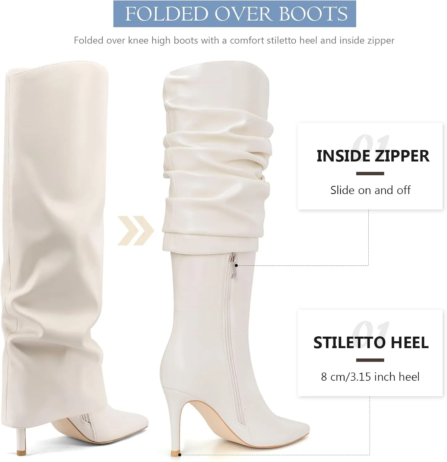 Vaslemuse Womens Fold Over Knee High Boots Stiletto High Heel Slouchy Tall Boots Pointed Toe Sexy Long Boots Fashion Dress Shoes with Side Zipper