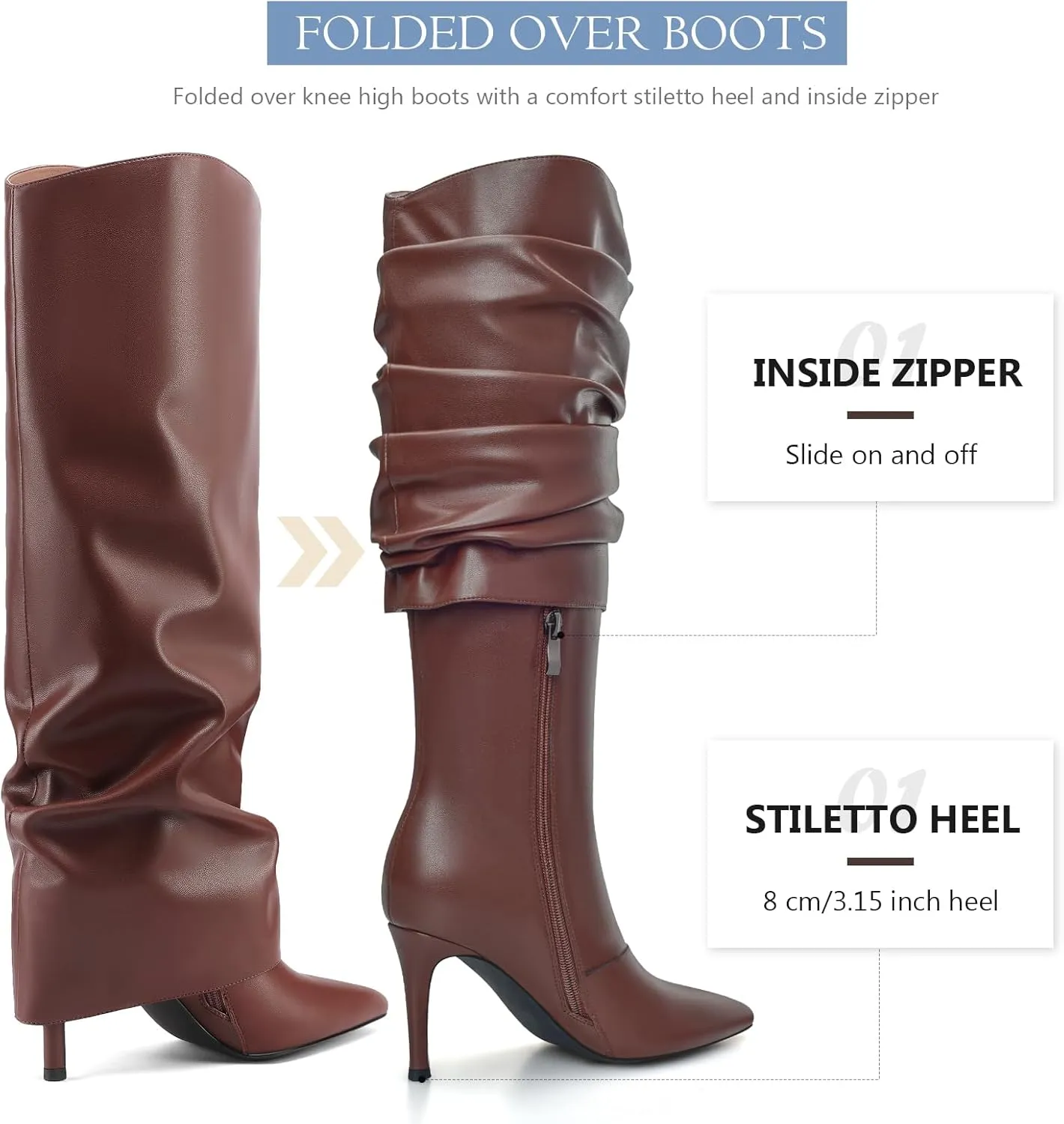Vaslemuse Womens Fold Over Knee High Boots Stiletto High Heel Slouchy Tall Boots Pointed Toe Sexy Long Boots Fashion Dress Shoes with Side Zipper