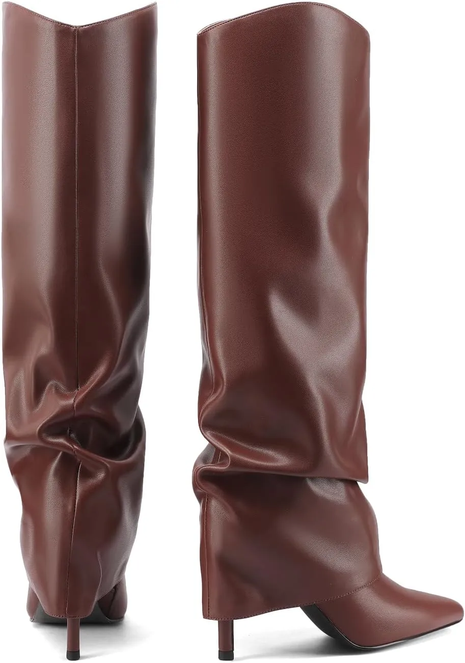 Vaslemuse Womens Fold Over Knee High Boots Stiletto High Heel Slouchy Tall Boots Pointed Toe Sexy Long Boots Fashion Dress Shoes with Side Zipper