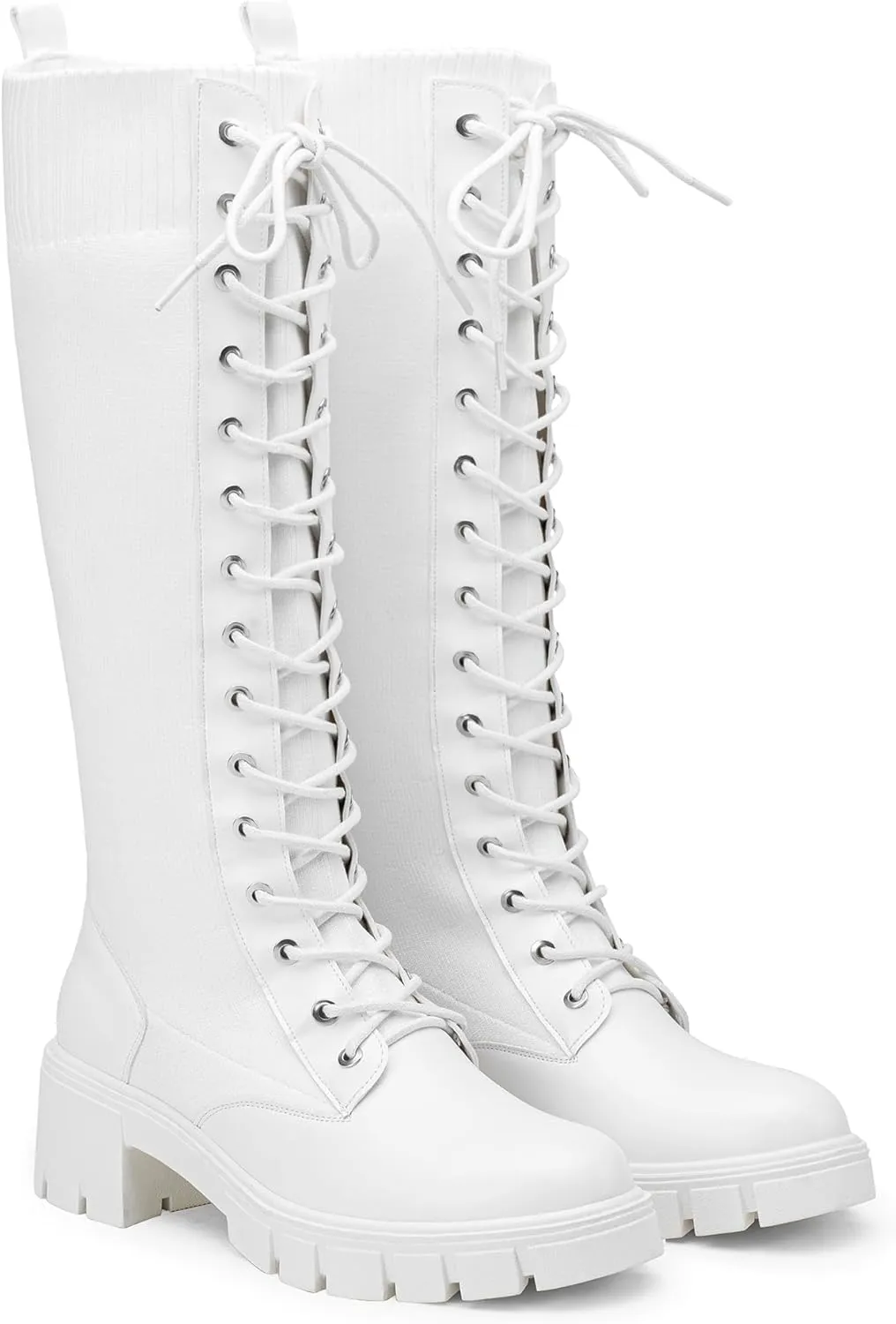 Vepose Women's 953 Lace Platform Combat Knee High Boots with Comfort Chunky Heel